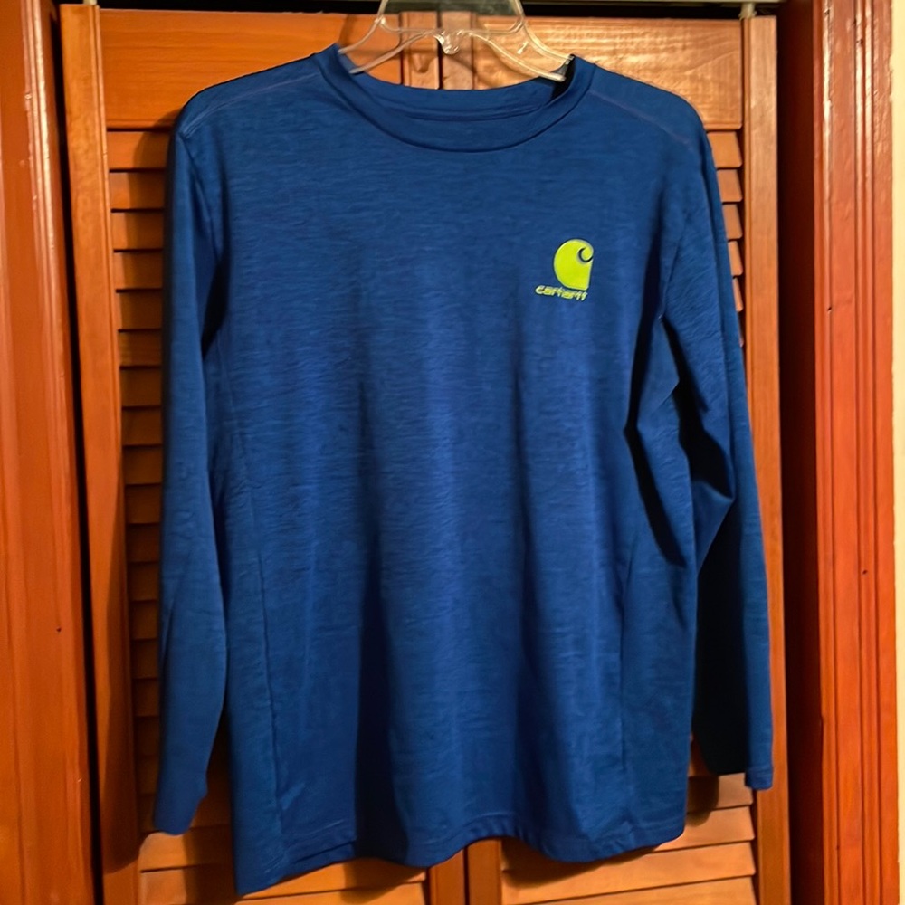 EUC. Carhartt performance shirt. Boys Large (14-16) blue w/ lime green logo